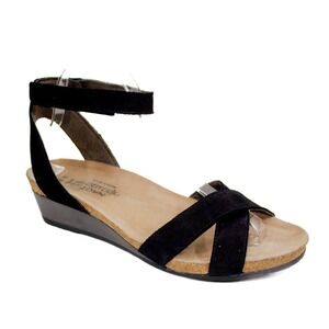 Naot Wand Crisscross Ankle Strap Wedge Sandals Black Velvet Nubuck Women Size 9